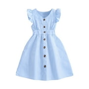 Girls' Summer Ruffle Sleeve Striped Button Up A-Line Dress Vertical Stripe Ruffle Sleeve Button Up Dress Kids' Dresses Blue 8 Years